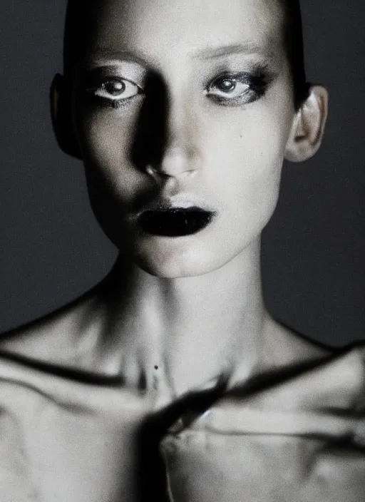 Image similar to close up of a fashion model on acid, posing in dramatic lighting, by paolo roversi, masterpiece