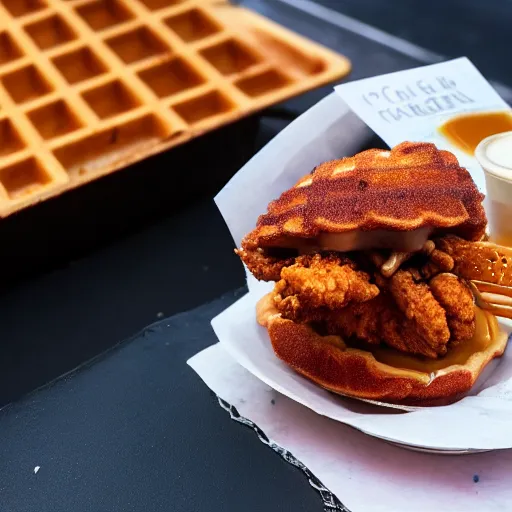 Prompt: photograph of a crispy Cajun fried chicken sandwich with Belgian Waffle Bun, maple syrup & hot fudge, ice cream on the side, 4K, HD