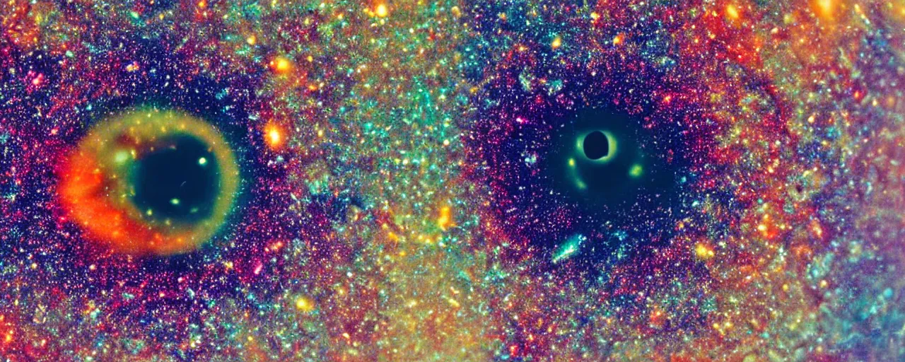 Prompt: extreme close-up photo of an eyeball containing a colorful galaxy