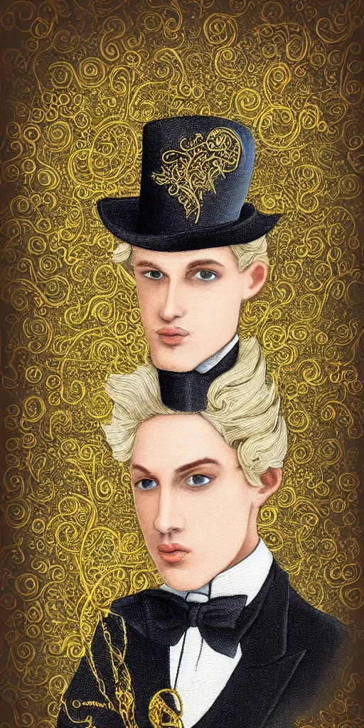 Image similar to beautiful detailed acrylic painting mystical mentalist man, has blond hair and a top hat. Wearing embroidered noble clothes. A small book with gold filigree in hand. Renaissance. Fantasy.