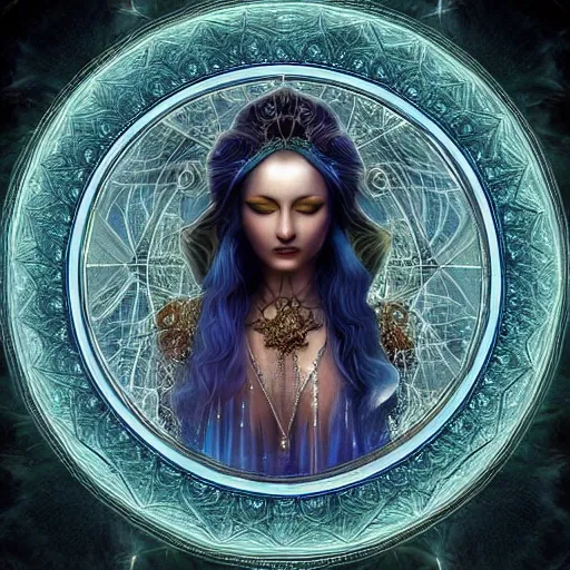 Prompt: goddess of illusion, beautiful, stunning, breathtaking, mirrors, glass, magic circle, magic doorway, fantasy, mist, cienematic, digital art painting, highly intricate details