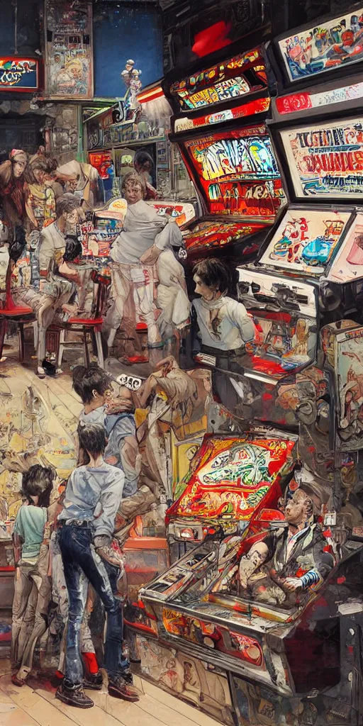 Image similar to oil painting scene from amusement arcade by kim jung gi