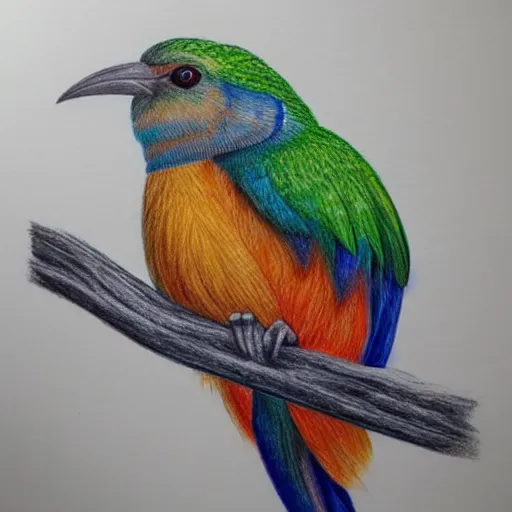 Image similar to Colored pencil art on paper, Tropical Bird, highly detailed, artstation, MasterPiece, Award-Winning, Caran d'Ache Luminance