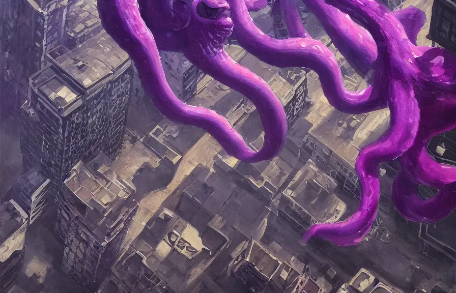 Image similar to aerial!!!! view looking down on a giant purple octopus monster moving through!!! buildings in a dark, dim, detailed city, extremely detailed!!! oil painting, dull palette, dramatic lighting, trending on artstation