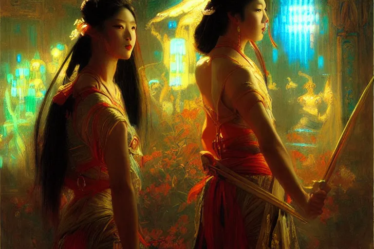 Image similar to wuxia, neon light, painting by gaston bussiere, craig mullins, j. c. leyendecker