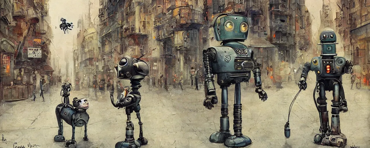 Image similar to adventurer _ _ _ _ _ _ 1 9 5 0 s _ retro _ future _ robot _ android _ and his robot dog on the city street _ muted _ colors. _ _ _ _ _ _ by _ jean _ baptiste _ monge