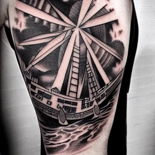Prompt: dark japanese urban architecture, tattoo, tattoo on upper arm