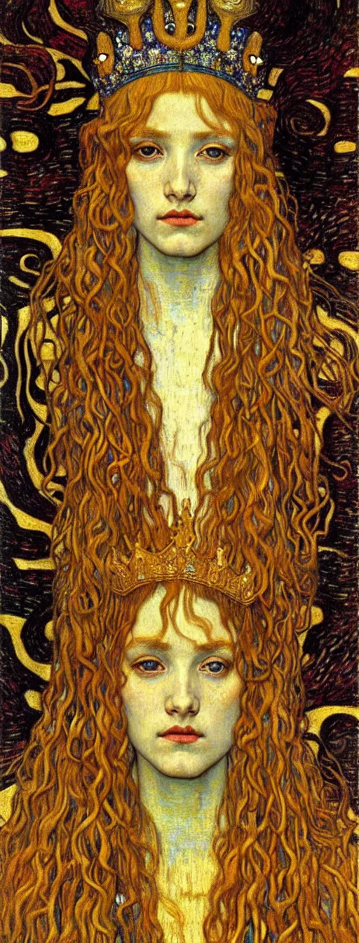 Image similar to detailed realistic beautiful young medieval queen face portrait by jean delville, gustav klimt and vincent van gogh, art nouveau, symbolist, visionary, gothic, pre - raphaelite, muted earthy colors, desaturated