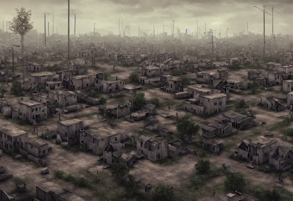 Prompt: dystopian poor village, with decrepit run down houses outside of a much larger town. 8 k, octane render, city in backround, town in foreground, dark, gloomy, sad, polluted