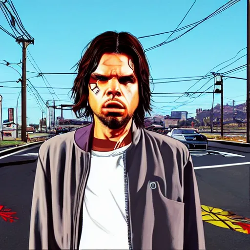 Image similar to orelsan in gta v covert art painted by stephen bliss, centered, uncropped