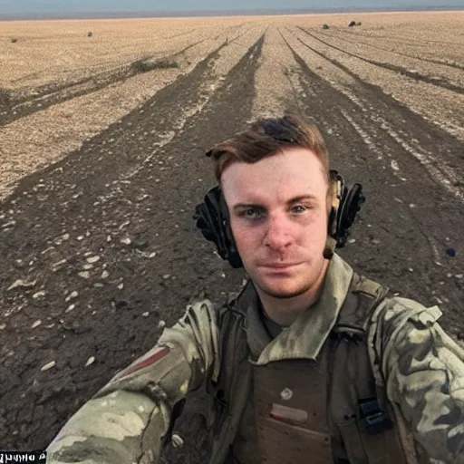 Prompt: an eerie selfie taken in no mans land during ww3 with an explosion far in the background