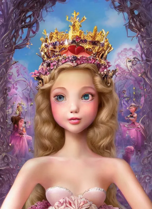Image similar to closeup face profile portrait of a fairytale princess wearing a crown eating cakes, bikini, depth of field, zeiss lens, fashion photoshoot, by nicoletta ceccoli, mark ryden, lostfish, dan decarlo, bob clampett, max fleischer, breathtaking, 8 k resolution, extremely detailed, beautiful, establishing shot, artistic, hyperrealistic, octane render