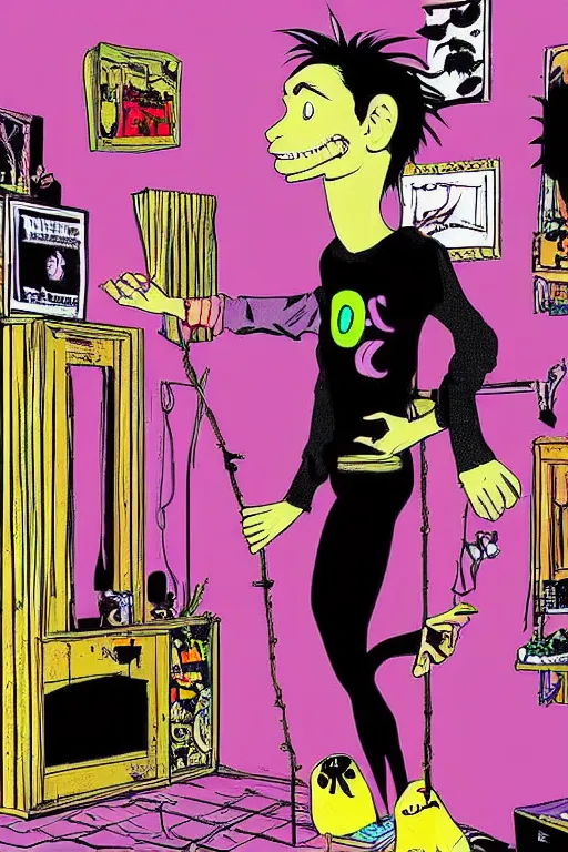 Image similar to a skinny goth guy standing in a cluttered 9 0 s bedroom by jamie hewlett, jamie hewlett art, full body character concept art, vaporwave colors, aesthetic!!,