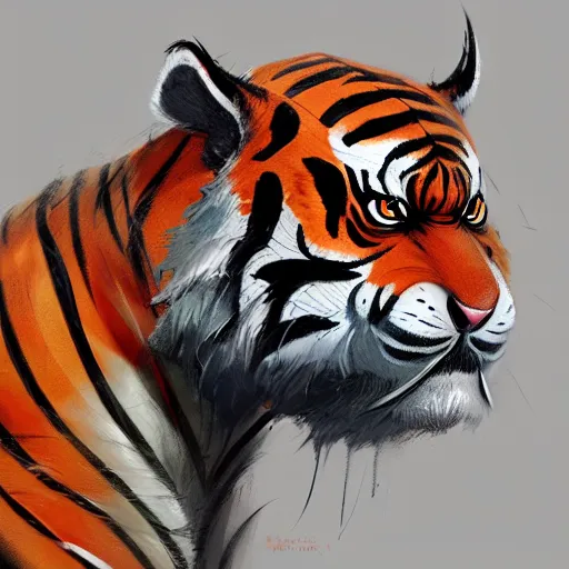 Image similar to concept art of anthropomorphized tiger, highly detailed painting by dustin nguyen, akihiko yoshida, greg tocchini, 4 k, trending on artstation, 8 k
