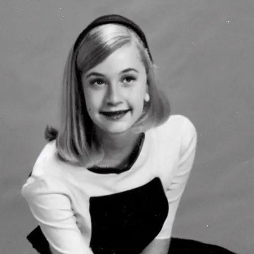 Prompt: a yearbook photo of Betty Cooper in 1966, she has a ponytail and bangs