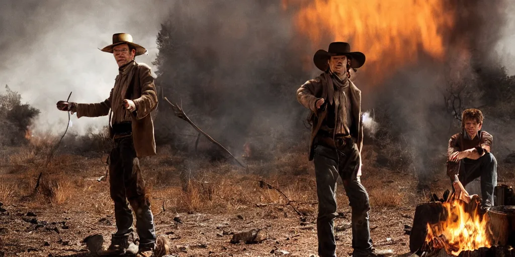 Prompt: extreme wide of rugged bandit cialien murphy ( ( alone ) ) in the old west, handcuffed by shackles at a campfire and thomas brodie - sangster ( ( alone ) ), violently fist fighting, volumetric lighting, cinematic, dark, grim, unforgiven