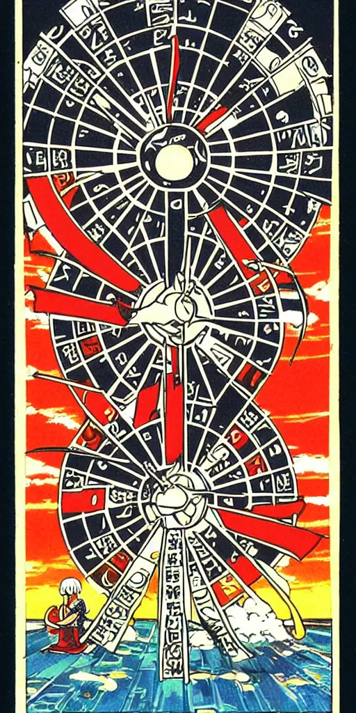 Image similar to Wheel of Fortune tarot card by a famous anime artist, clean, sharp lines, minimalistic,