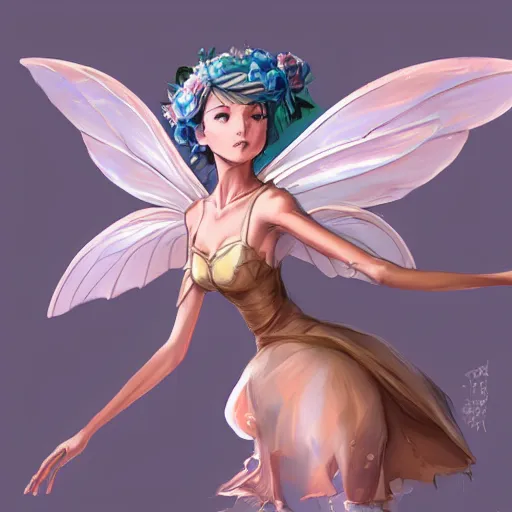 Prompt: an air fairy with air wings, pixie character, elegant, highly detailed, digital painting, trending on artstation, concept art, sharp focus, high detail, illustration, strong brush stroke, anime, disney artist, sharp focus, ghibli studio, art by ross draws and stanley artgerm, 8 k