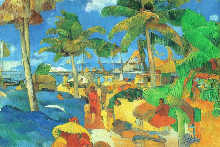 Prompt: seaside village in tropical vegetation by gauguin, plain colors, 2 d rounded shapes, ipad art, vector art, procreate, heavy grain