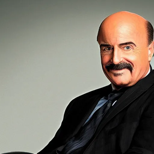 Prompt: a photograph of dr. phil as an evil supervillain, wearing all black, sitting in a throne