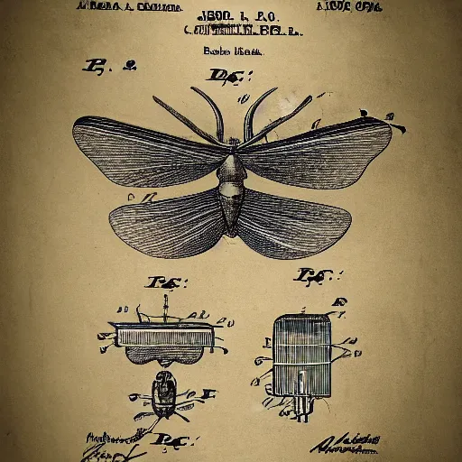 Prompt: patent drawing of a mechanical moth