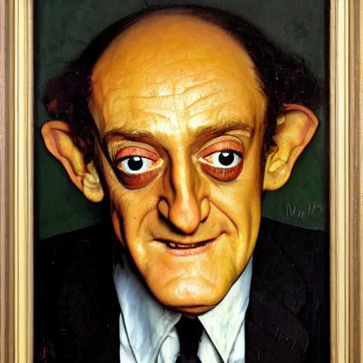 Image similar to a portrait painting of Marty Feldman. Painted by Norman Rockwell