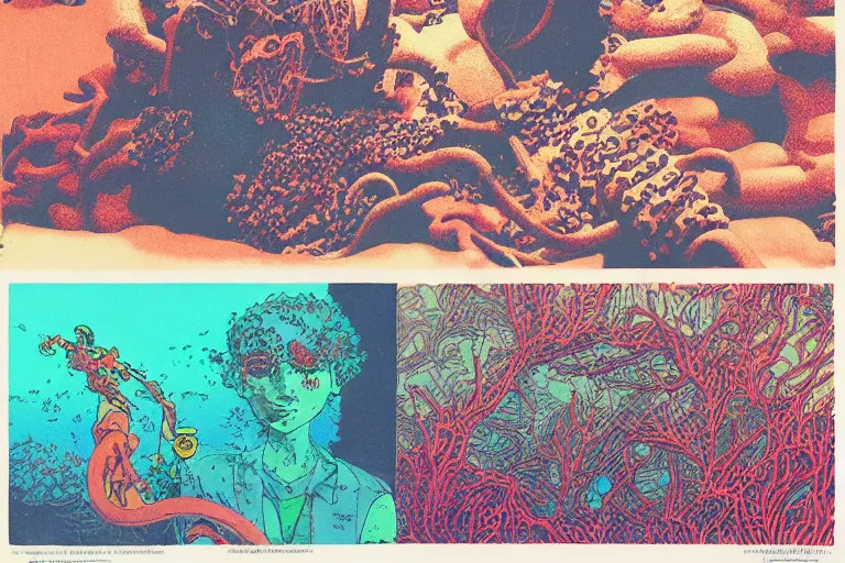 Image similar to risograph grainy drawing vintage sci - fi, satoshi kon color palette, gigantic gundam full - body covered in iridescent dead coral reef 1 9 6 0, kodak, with lot tentacles, natural colors, codex seraphinianus painting by moebius and satoshi kon and dirk dzimirsky close - up portrait