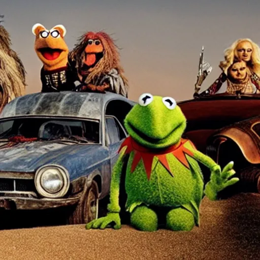 Prompt: Muppets in Mad Max, group photo by Annie Liebowitz