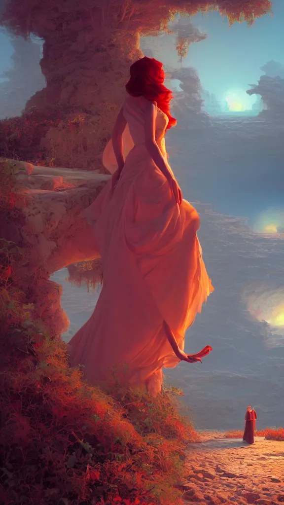 Image similar to a mysterious woman with red hair and white gown, DMT imagery, Octane render, PBR, path tracing. subsurface scattering. By Syd Mead and Tyler Edlin and Paul Lehr and Albert Bierstadt