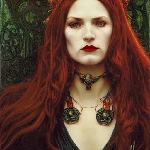 Image similar to portrait of a lady vampire, 35mm, victorian, depth of field, DOF, ominous, sharp, highly detailed, photorealistic, realistic, unreal 5, high definition, 8k, deviantart, donato giancola, irwin penn, Alphonse Mucha