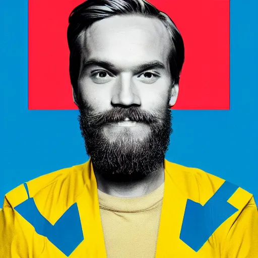 Image similar to Swedish propaganda poster of PewDiePie with the flag of Sweden in the background