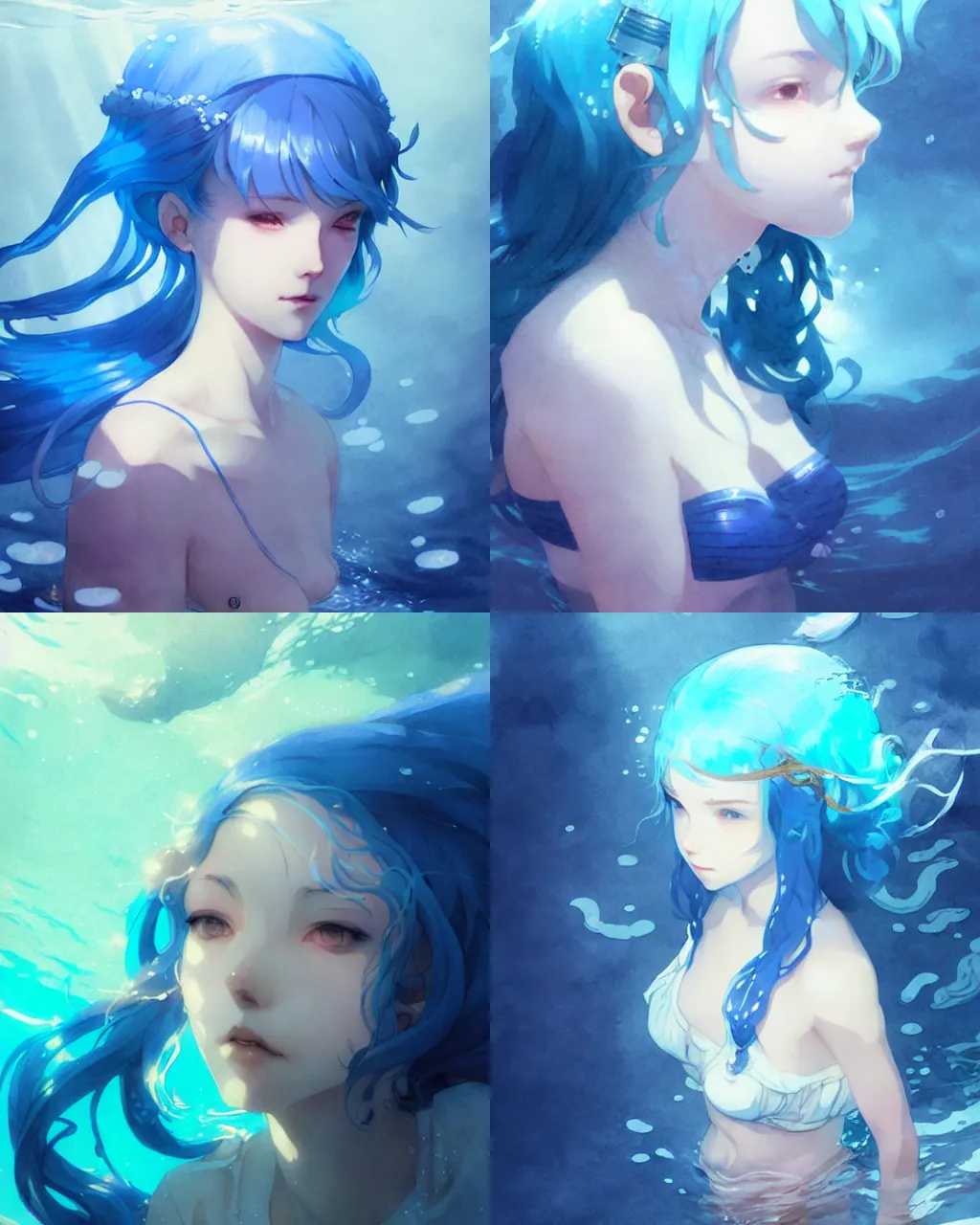 Prompt: portrait of a girl with blue hair swimming under the sea, illustration, top lighting, perfect shadow, leaning towards watercolor, art by hidari and krenz cushart and wenjun lin