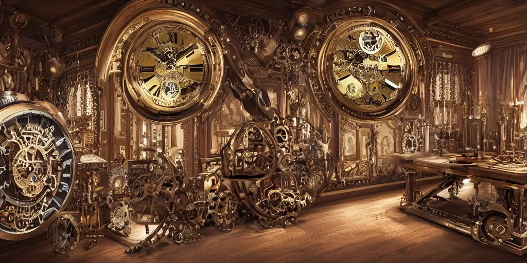 Prompt: Beautiful steampunk Swiss chalet with a large clock, cogs, gears, gearwheels, levers, jewels, shiny silver, shiny gold, architectural render, futuresynth, by Gabriel Dawe, by Skottie Young, by Jessica Rossier, by Isaac Cordal, Rolex, Breitling, Jacob & Co, Omega, Tag Heur