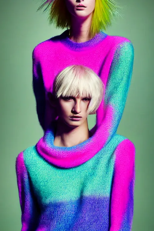 Image similar to stylish pullover for a rave bright colors, many details, photo for a magazine, photo for a store, fashion photography, Vogue, cinematic, hyper realism, high detail, 8k, very coherent symmetrical work, perfect face model, full length photo, Upper and lower body,Soft shadows on the face, white eyes, photographer style by Nik Night Erik Madigan Hec and Walter Chin and Camilla Akrans and Miles Aldridge