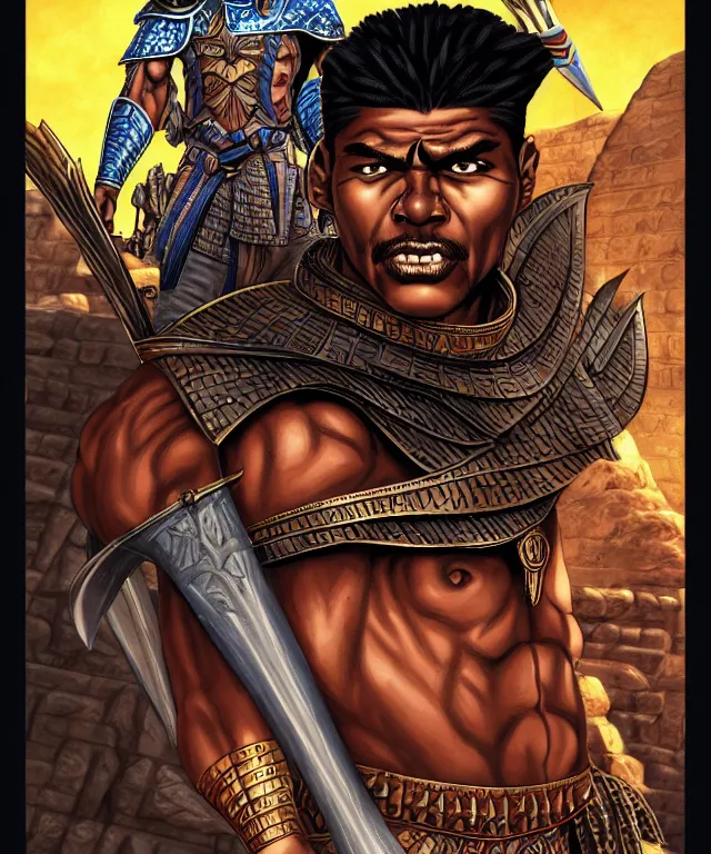 Image similar to a ( fantasy comic ) ( cover art ) portrait of a ( egyptian warrior ) who looks like ( keith david in they live ), digital illustration by tomoyuki yamasaki and sana takeda and kentaro miura, fine inking lines, vivid colors, dnd, photorealistic, hd, 4 k, trending on artstation