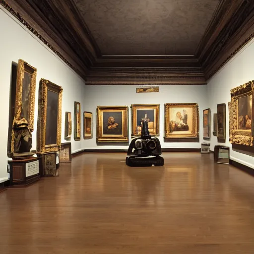 Prompt: a professional photo of a museum full of classical oil paintings. in the middle of the floor stands a evil robot, holding a camera.