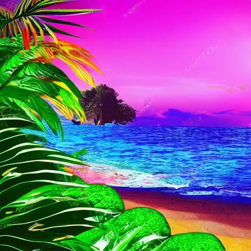 Image similar to extremely colorful jungle on beach