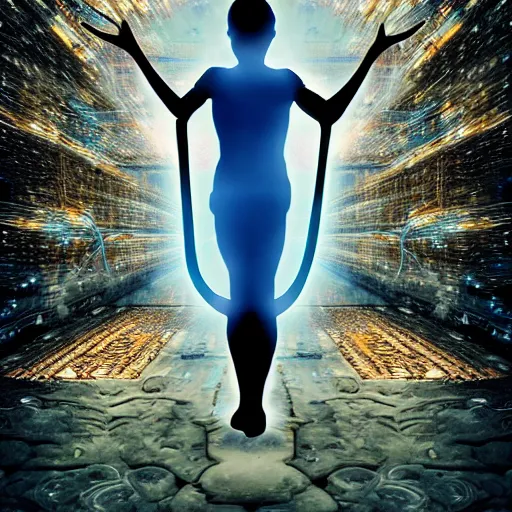 Image similar to a spiritually awakened cyborg wants to help humans free themselves from the chains of mental slavery and authoritarian politicians, surreal technological conceptual art magical cybernetic realism horror visions distopic and utopic art and the same time