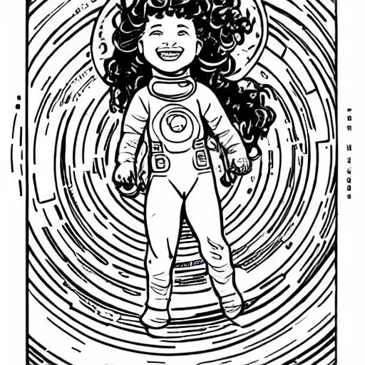 Image similar to clean simple line art of a little girl with wavy curly hair floating in space. she is an astronaut, wearing a space suit. white background. well composed, clean black and white line drawing, beautiful detailed face. illustration by steve ditko and jack kirby and alphonse mucha