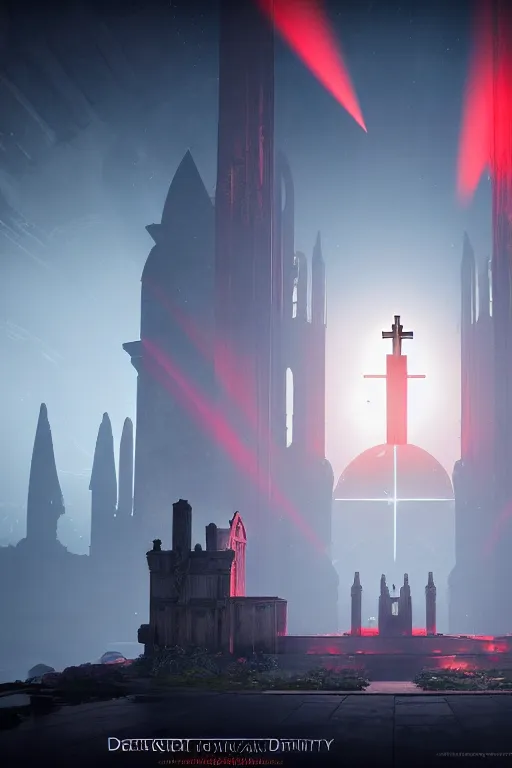 Image similar to symmetrical, centered composition, ancient church with red shafts of light in destiny 2, foggy, liminal, dark, dystopian, beautiful architecture, abandoned, highly detailed 4 k destiny 2 expansion key art wallpaper