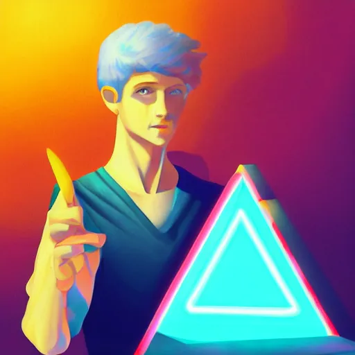 Image similar to Pythagoras holding a neon triangle in his hand , digital painting , digital art , artstation , devian art , HD , 4k