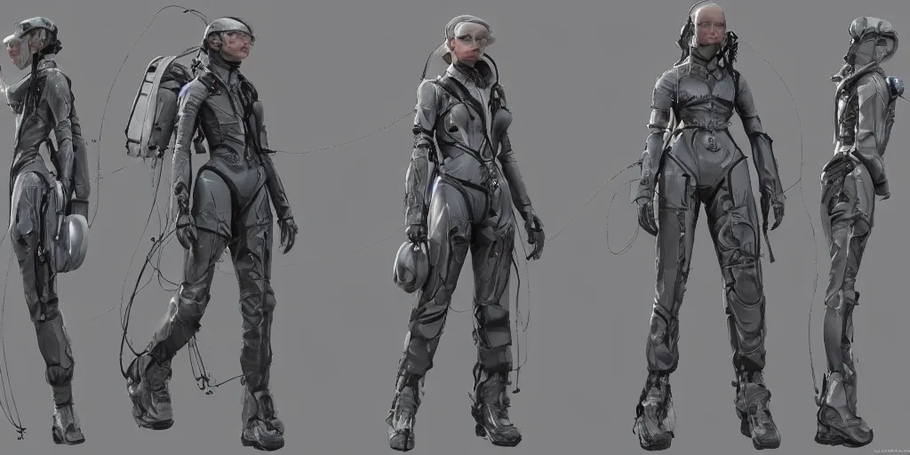 Image similar to a woman in scientist's jacket with a system of straps and pouches for collecting material by Donato Giancola and Tetsuya Nomura, trending on artstation and pixiv clean sci-fi concept art and sheet that using unreal engine 5 render and hyper detailed 3D texture with cinematic software light