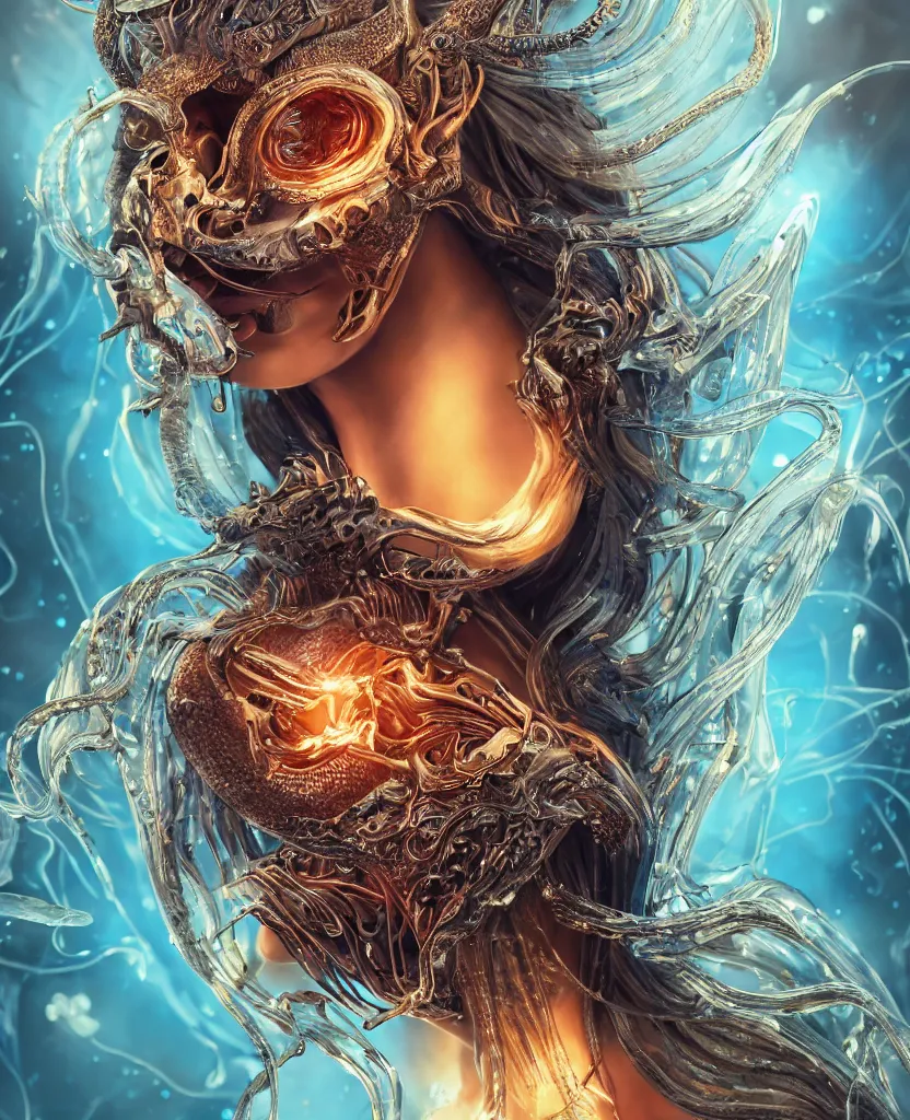 Image similar to close-up macro portrait of the face of a beautiful princess with animal skull mask, epic angle and pose, symmetrical artwork, 3d with depth of field, blurred background, cybernetic jellyfish female face skull phoenix bird, translucent, nautilus, energy flows of water and fire. a highly detailed epic cinematic concept art CG render. made in Maya, Blender and Photoshop, octane render, excellent composition, cinematic dystopian brutalist atmosphere, dynamic dramatic cinematic lighting, aesthetic, very inspirational, arthouse. y Greg Rutkowski, Ilya Kuvshinov, WLOP, Stanley Artgerm Lau, Ruan Jia and Fenghua Zhong