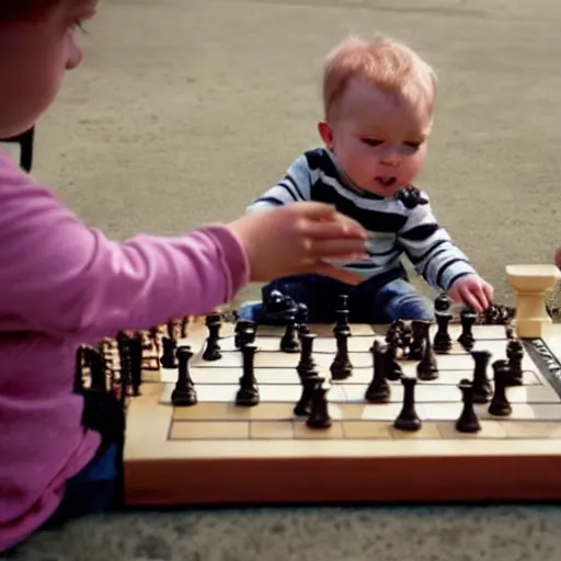 Image similar to a 2 Year Old Human Baby playing chess, national geographic photo