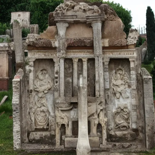 Prompt: Filmed photo of Rome necropolis, with japanese symbolic