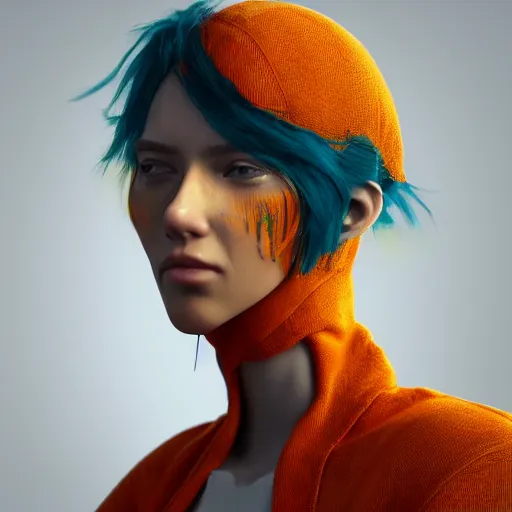 Image similar to character art of a human with bird head, trending on art station, orange and teal color, cgsociety, octane render