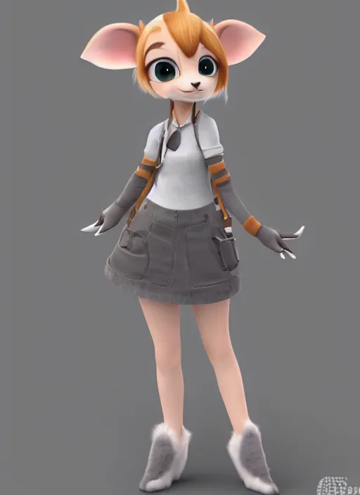 Prompt: female furry mini cute style, character adoptable, highly detailed, rendered, ray - tracing, cgi animated, 3 d demo reel avatar, style of maple story and zootopia, maple story mouse girl, grey mouse, soft shade, soft lighting