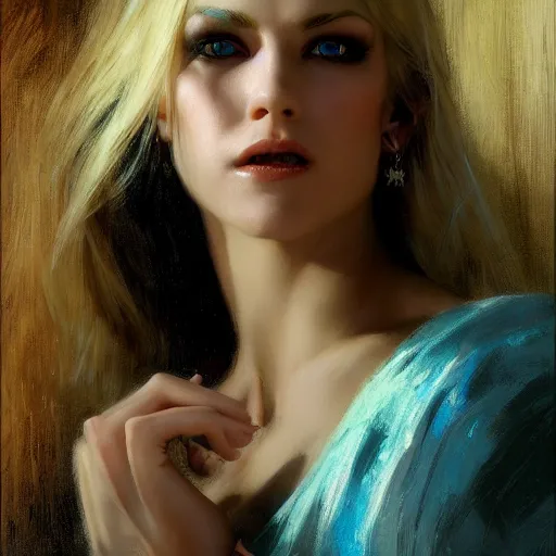 Image similar to detailed cinematic wide shot of beautiful attractive blonde vampire woman slim face symettrical face clean skin blue eyes black robe smooth, sharp focus, ultra realistic, spring light, painting by gaston bussiere, craig mullins, j. c. leyendecker