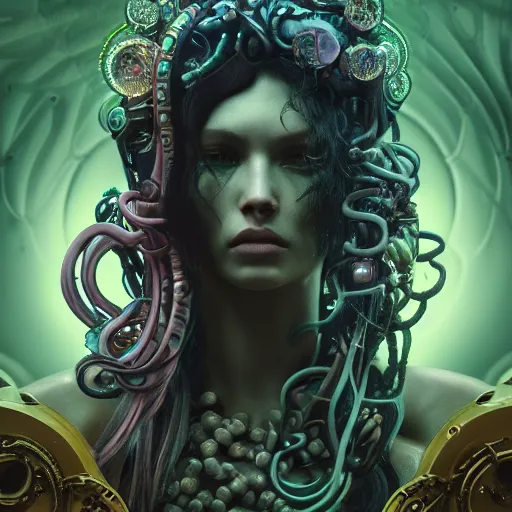 Image similar to Cyberpunk medusa, dark atmosphere, cinematic shot, intricate, ornate, photorealistic, ultra detailed, realistic, 35mm, photography, neon, octane, high definition, depth of field, bokeh, 8k, artstation, ((alphonse mucha))