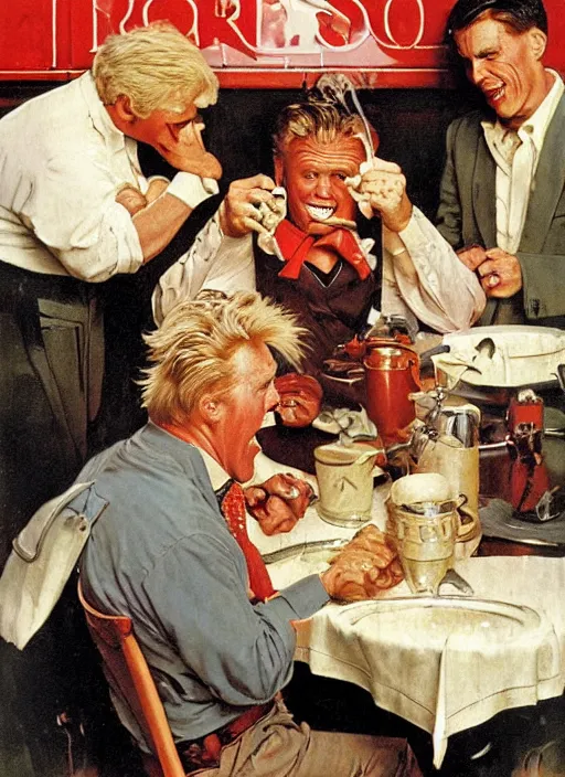 Image similar to gary busey spills his soup, by norman rockwell and tom lovell and frank schoonover and dean cornwell